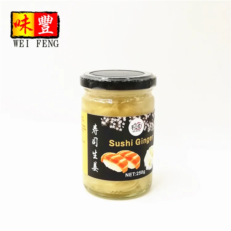 Chinese Brand Supplier Wholesale Price Bottle Japanese Gari Yellow 250g Glass Jar Sliced Sushi Ginger Pickled