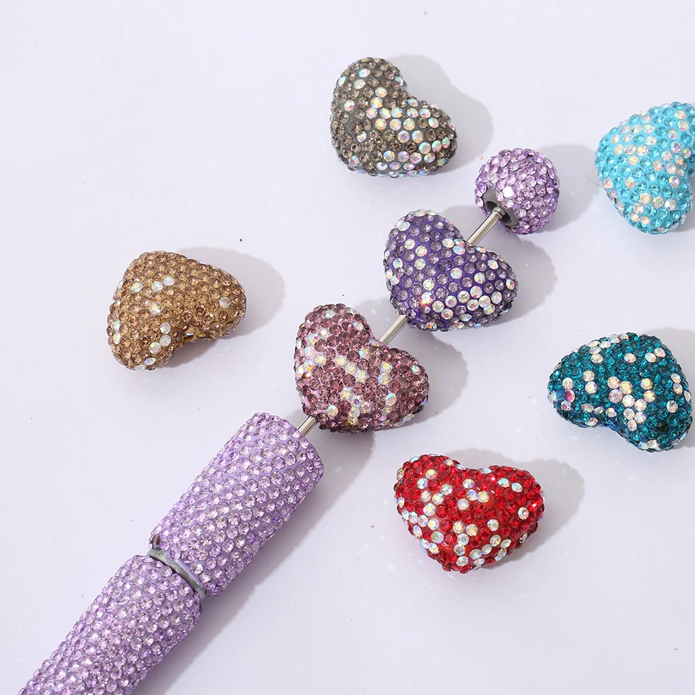 Wholesale 15*15mm Rhinestone Ball Acrylic Loose Bead Love Shape  Colorful Beads for Diy Jewelry Making