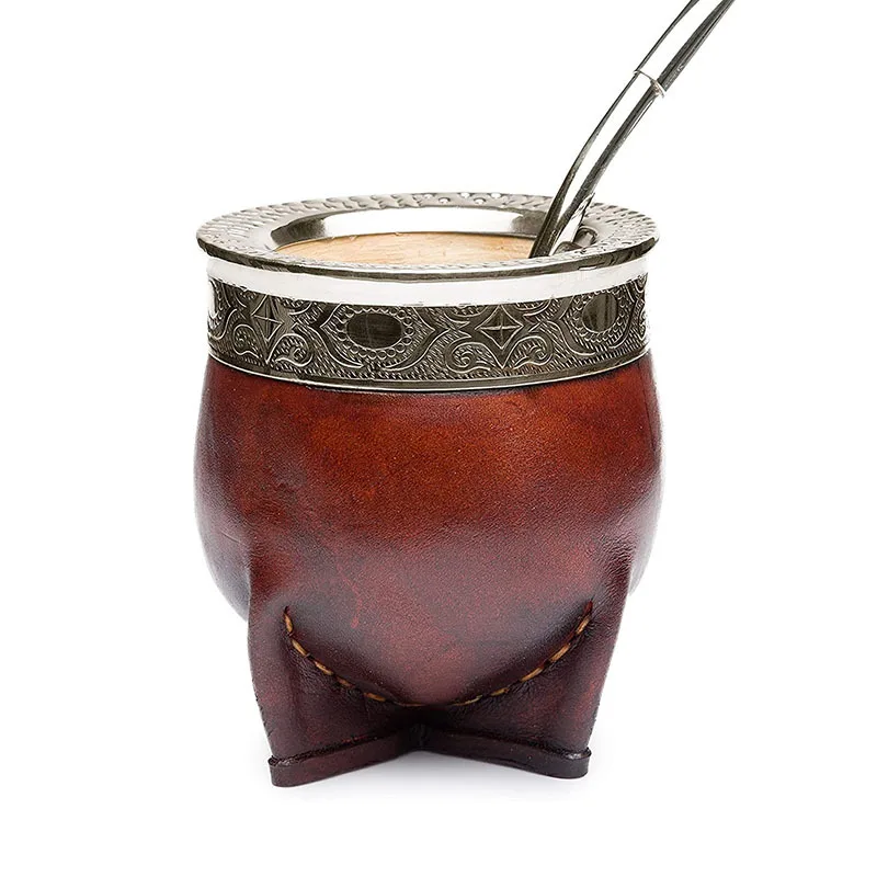 8oz Double Walled Yerba Mate Cup with Leather Shell Insulated Gourd Mate Tea Cup with Bombilla Straw Set Coffee Mug