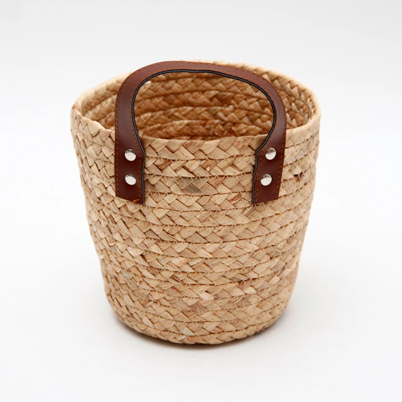 Woven Gourd Grass Braid Round Storage Basket with Leather Handle for Kitchen Vegetable