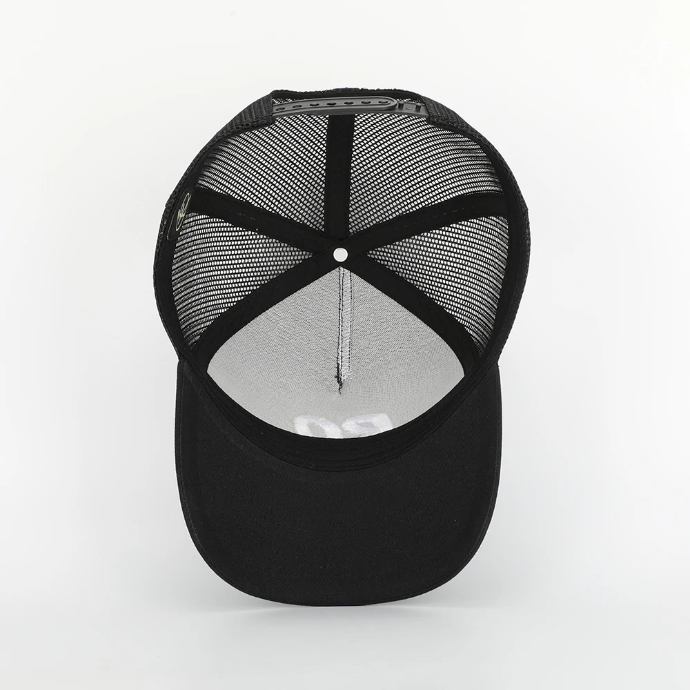 Oem Custom High Quality 5 Panel Cotton 3D Embroidery Logo Curved Brim Plain All Black Mesh Snap Back Trucker Cap Hat