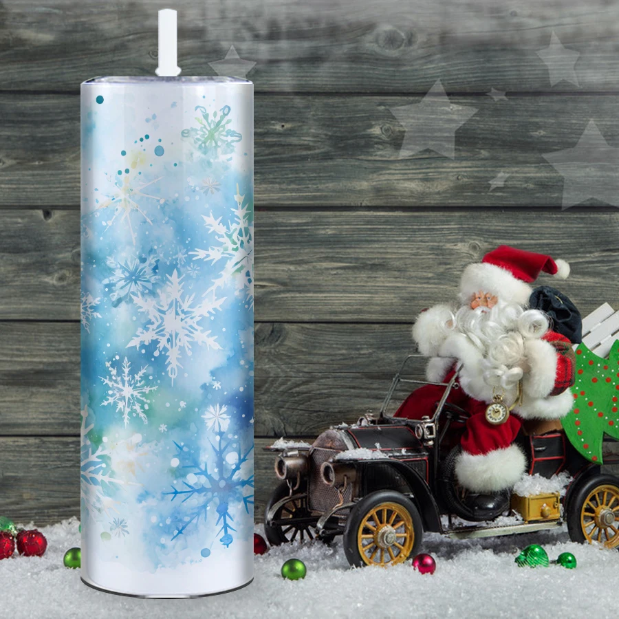 2024 Hot Ice crystal flower 3D Printed Christmas Cup Blue Snowflake 20 Oz Straight Tumbler Blue And Background Skinny Tumbler