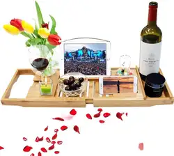 Deluxe bamboo bath Caddy with extendable multi-function bamboo bath tray, with book holder, wine glass holder bathroom rack