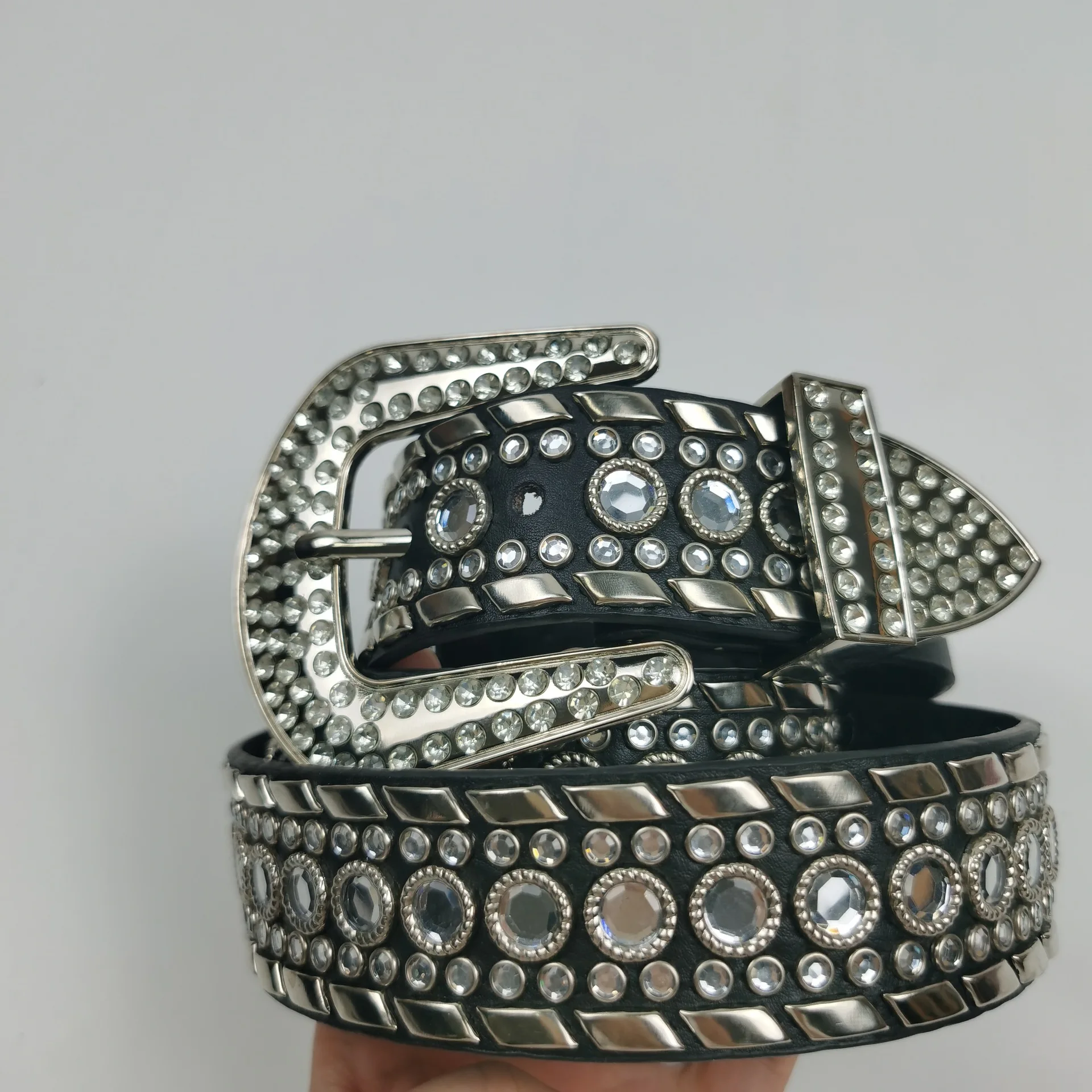 Custom logo genuine leather rivet BB belt designer shiny flower buckles diamond studded gray star rhinestone belts for women