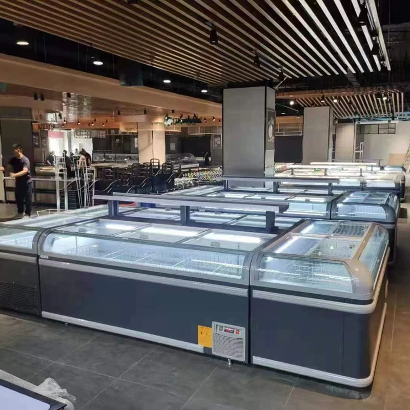 Sliding Glass Door Combine Units Island Freezer Supermarket Energy Saving Meat Frozen Food Island Display Chiller