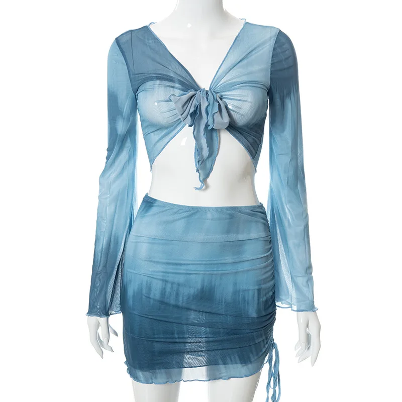 2023 Deep V Neck Printed tie-dyed Color  Crop Tops Mesh Mini Skirt Sets two piece sets Ruched Skirts Drawstring Beachwear