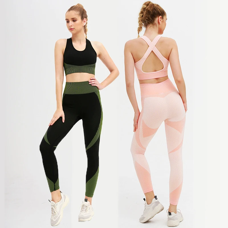 Sexy Cross Back Fitness Sets Clothing Jacquard Seamless Women Sports Bra and Leggins Yoga Suit Custom Logo Yoga Bra and Leggings