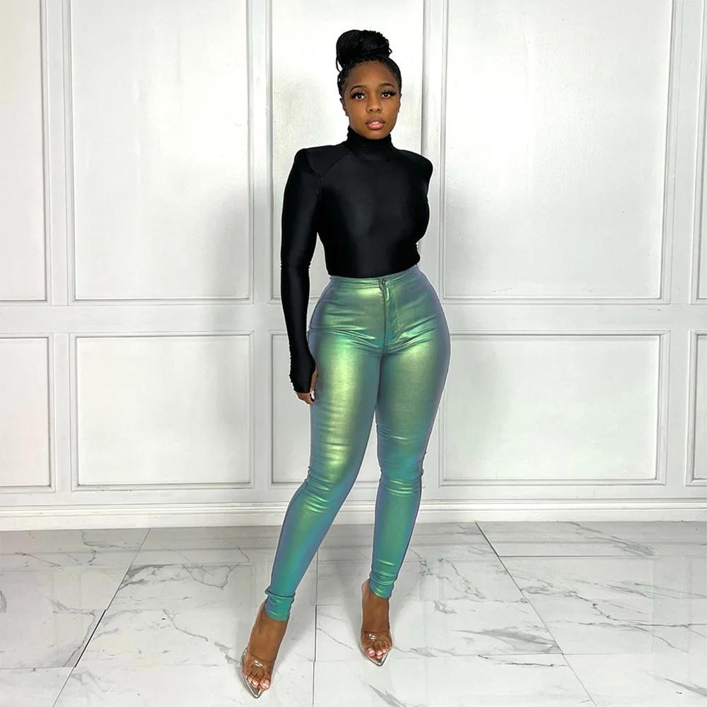 Trendy High Quality Matte Leather High Waist Stretch Tight Skinny Shaping Gold silver Faux Leather Leggings Pants For Women