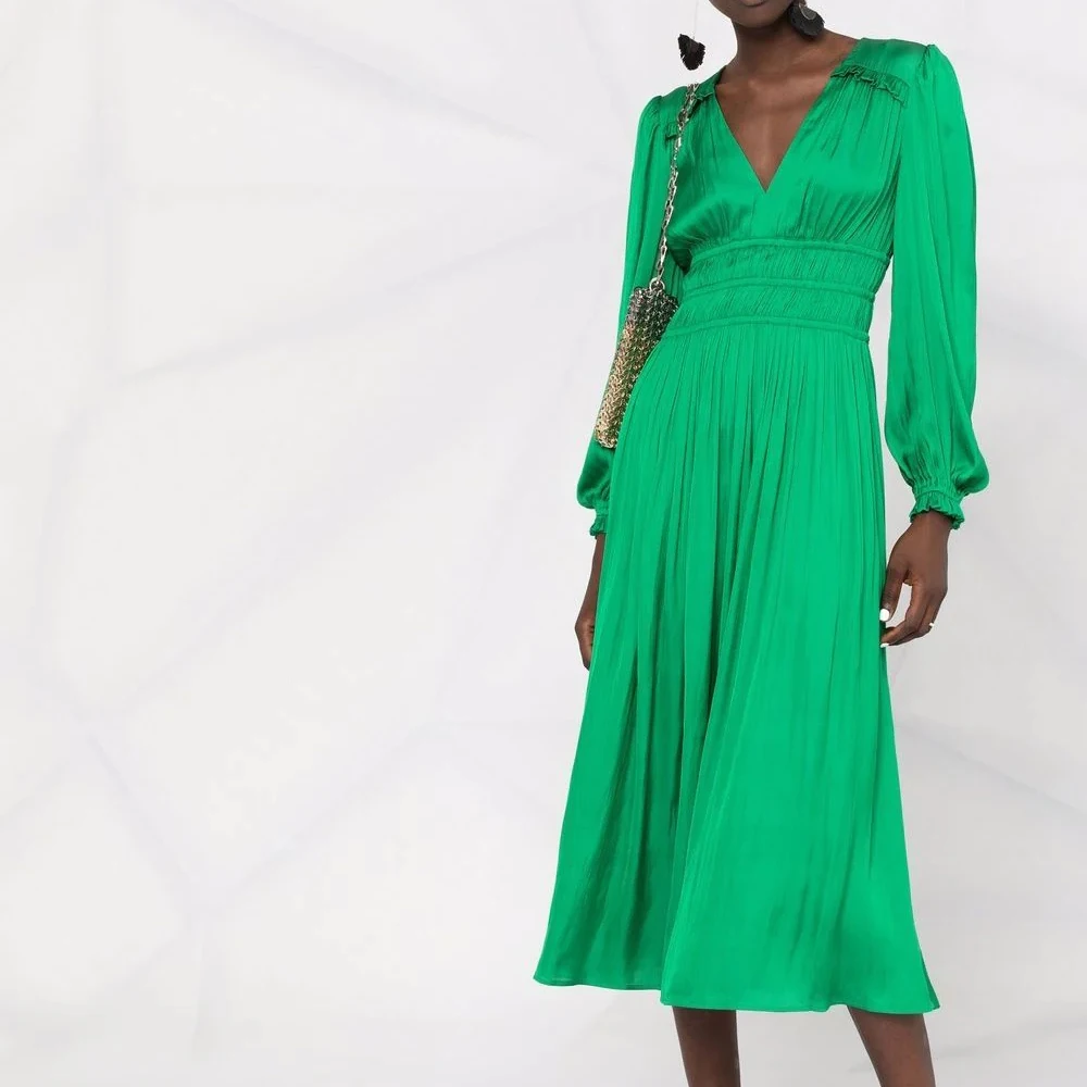 Custom Loose Fit Long Puff Sleeve Lady Elegant Womens Dresses Gathered Waist V-neck Evening Dresses