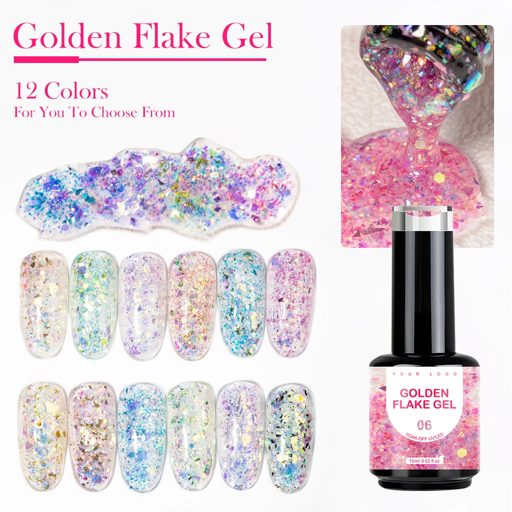 Gel Nail Polish Semi Permanent Sequin Golden Glitter Gloss UV LED Nail Art Designs Gel Varnish for Professionals and Self Use