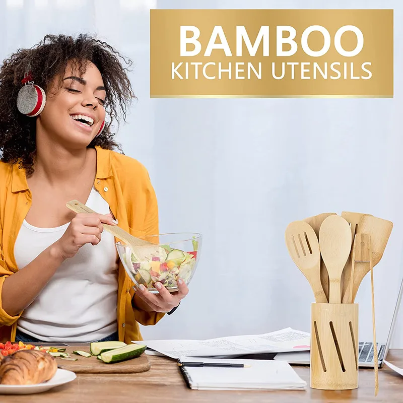 11 Pcs Bamboo Cooking Utensil Set - Natural Non-Abrasive Wooden Kitchen Set Utensil