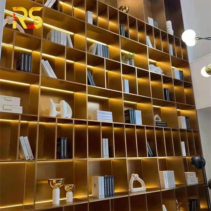Gold stainless steel salon wall decoration modern display shelf wall display cabinet