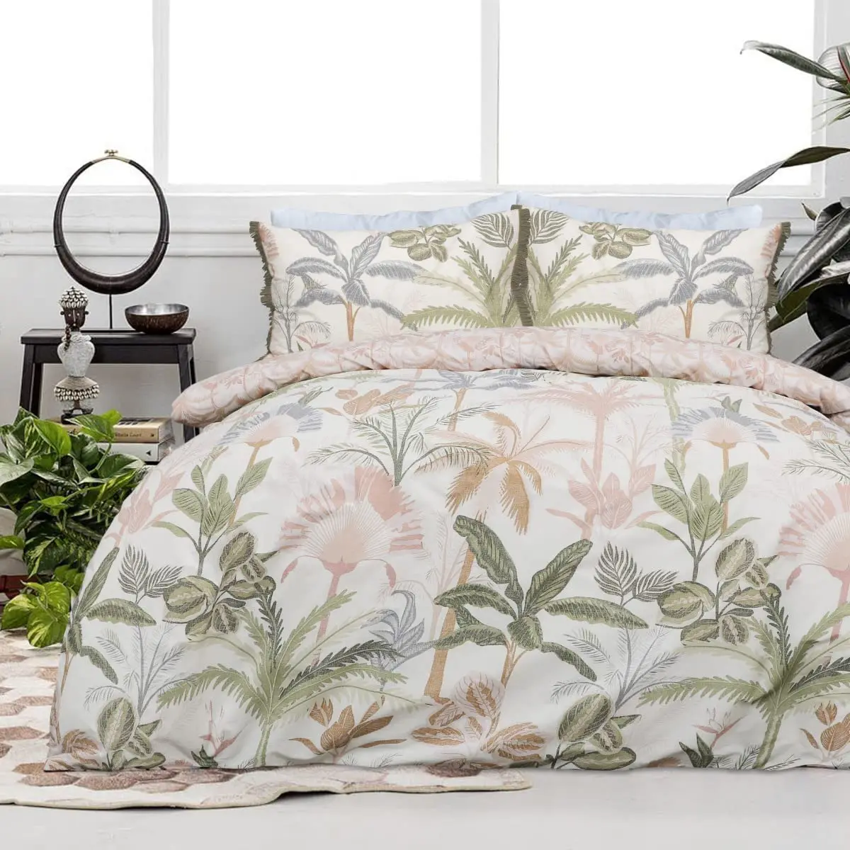 Tropical Leaf Floral Natural Double-sided quilt cover tassel pillowcase Bedding set soft and easy to care for