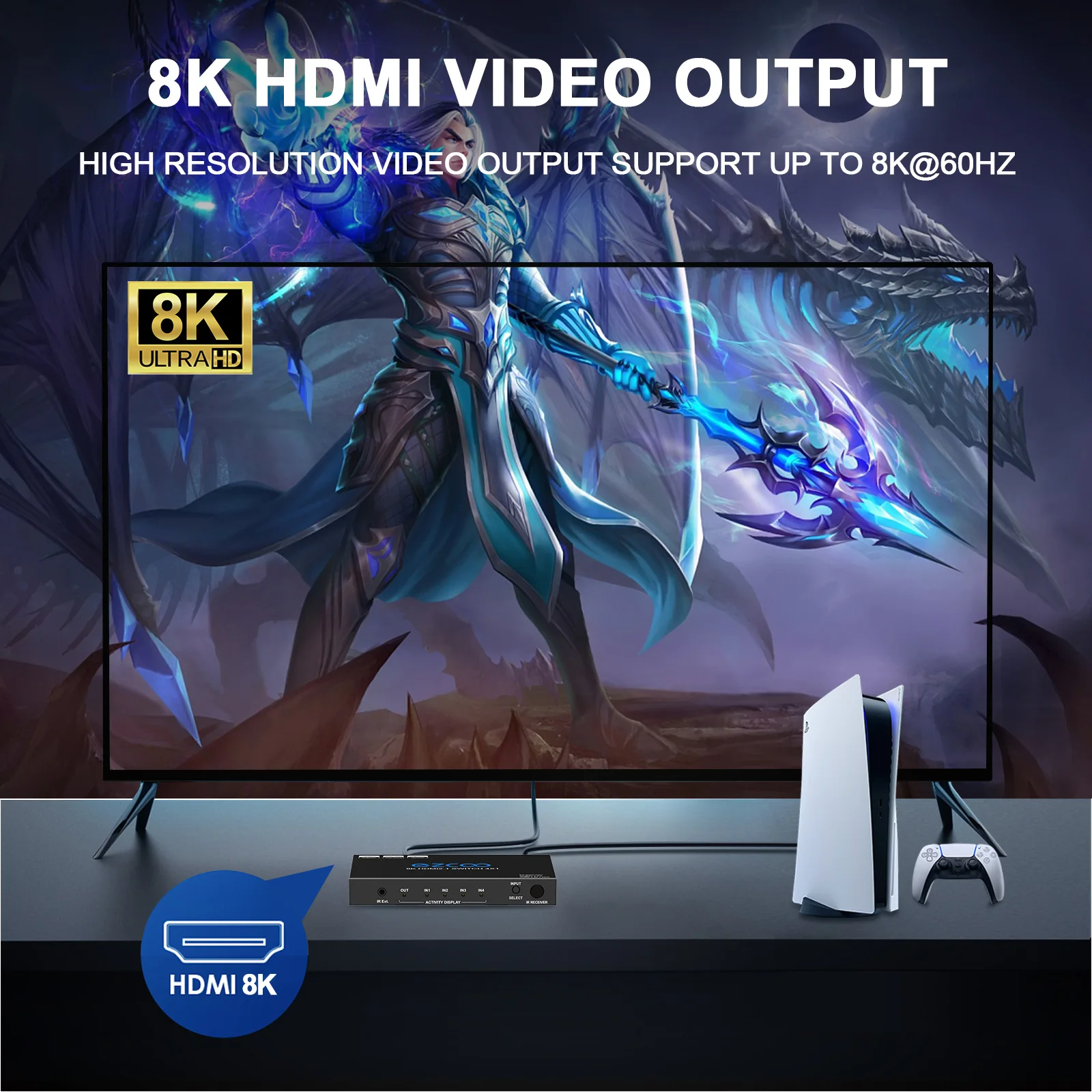 8K HD-MI Switch 4 in 1 out HD-MI switcher 8K@60Hz and 4K120Hz VRR HDCP2.3 HDR D-olby vision Atmos Remote control CEC