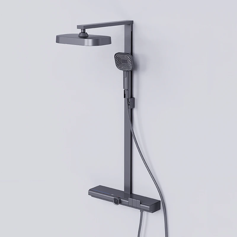 Hot selling Brass thermostatic shower mixer set Gun-grey shelf Rainfall wall mounted with square shower head Shower set