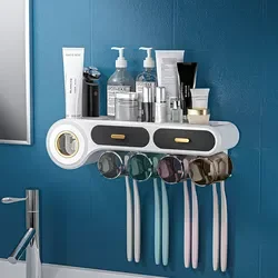 Toothbrush Holders for Bathrooms 2&3&4 Cups Toothbrush Holder Wall Mounted with Toothpaste Dispenser Automatic
