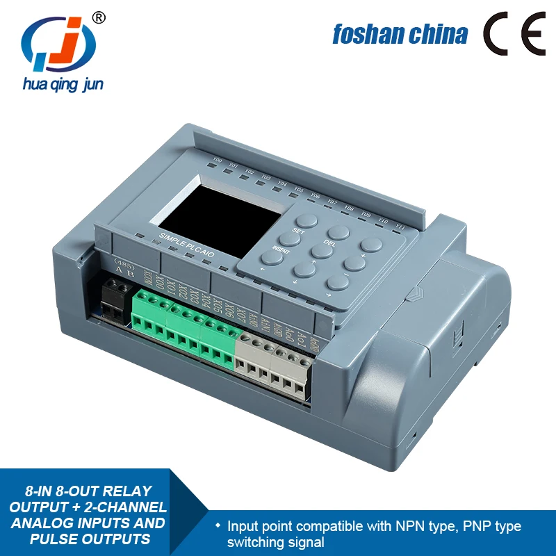 Huaqingjun 8-in 8-out Relay Output PLC 2AI 0-20mA & Pulse Outputs All-in-one Machine PLC for Stepper Motor