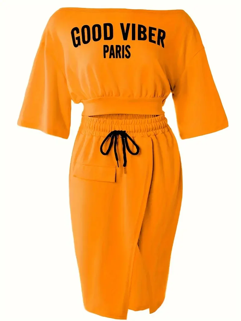 Letter Print Short Sleeve Top & Drawstring Split Hem Knee Length Skirt Outfits 2 Piece Set Plus Size Casual Two Piece Set