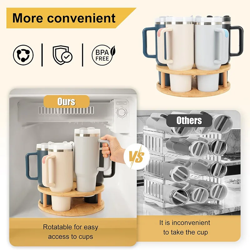 360 Rotating Cup Holder Bamboo Water Bottle Organizer for Stanley 14/20/30/40 oz Tumbler Kitchen Storage Organizer Accessories