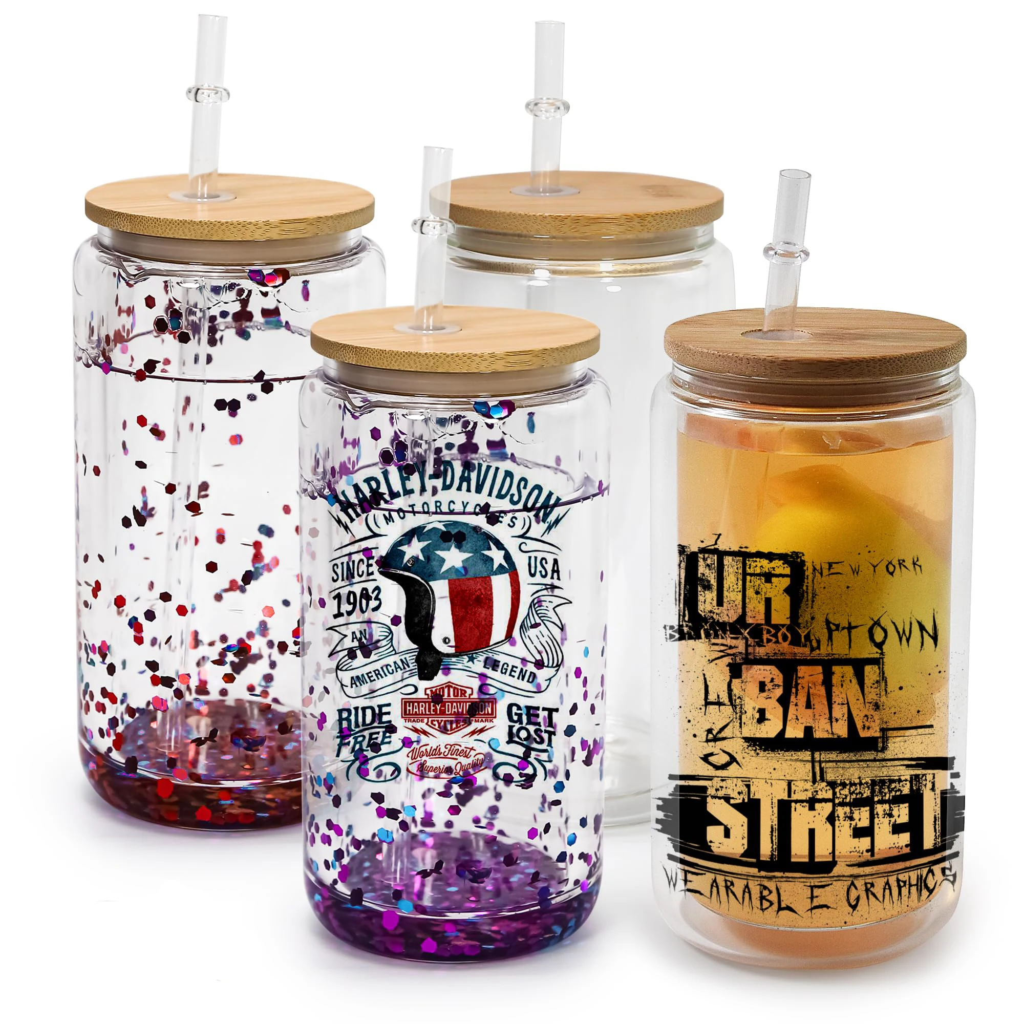 16 oz Can Shaped Glass Cups Double Wall Print Iced Coffee Glasses Tumblers with Bamboo Lids And Glass Straws for Party