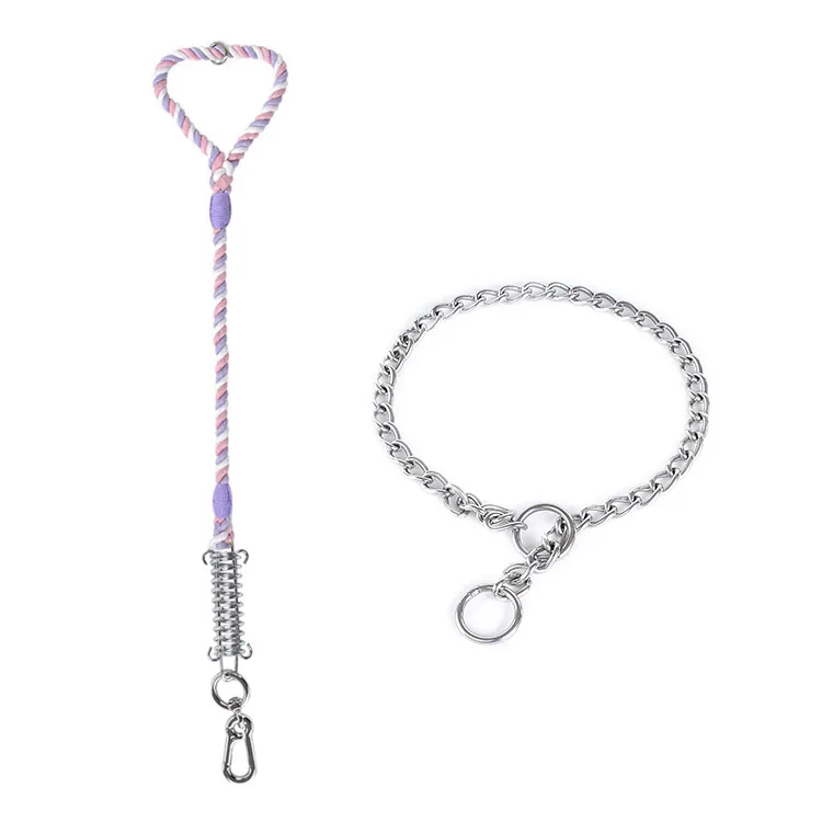 Loudik Wholesale Stocked Braided Rope Big Pet Leads Elastic Training Bungee Metal Stainless Steel Dog Chain Collar And Leash Set