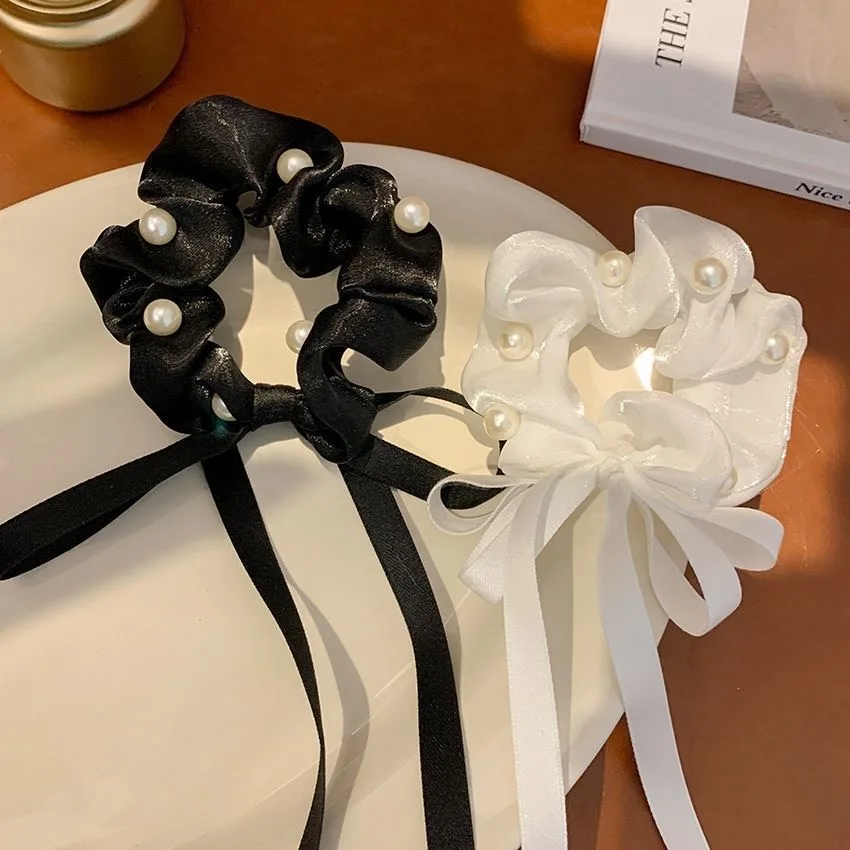YT 37cm Sweet Ribbon Elegant Pearls Elastic Hair Bands Cute Hair Loop Bow with Pear Silk Stain Scrunchies for Women Girls