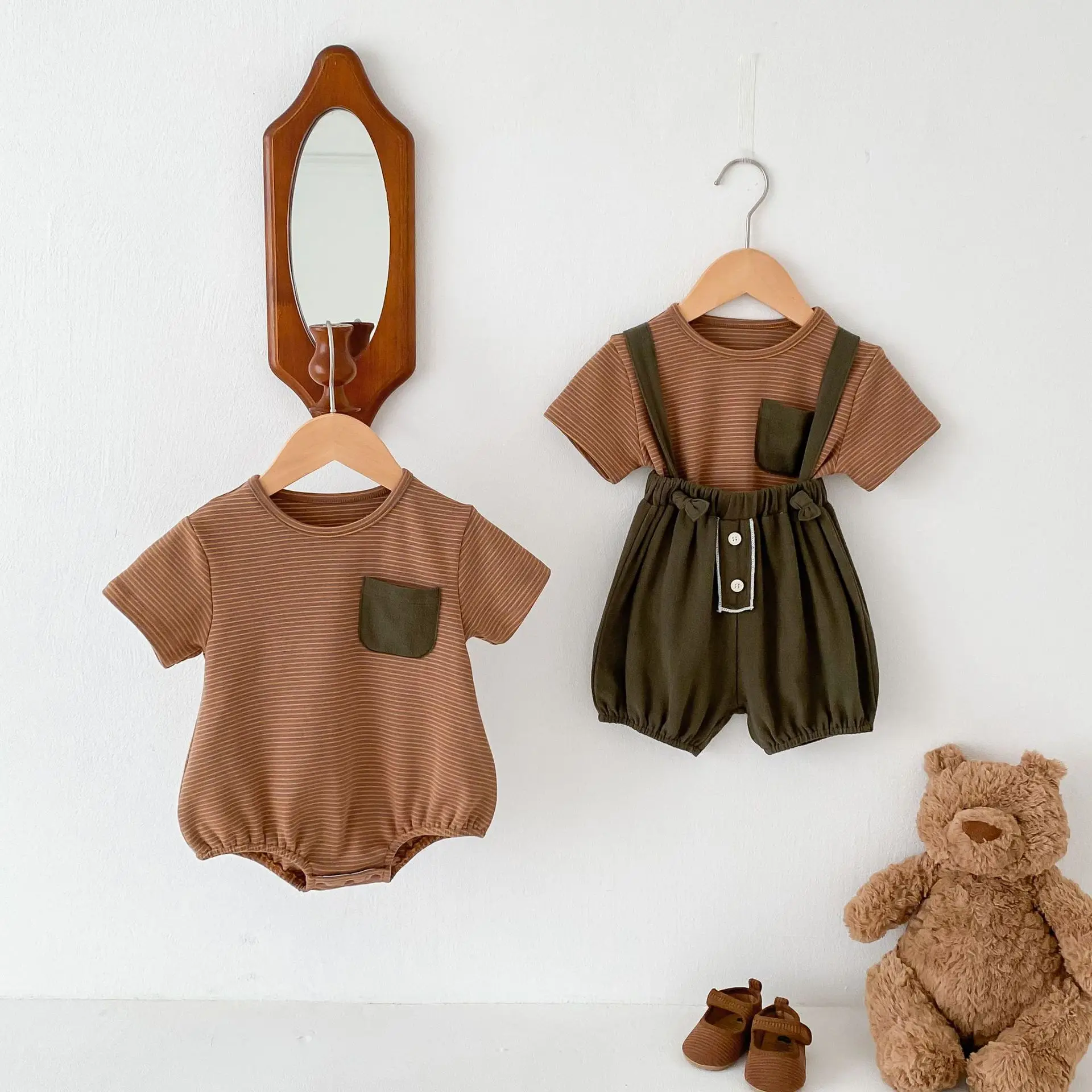 Summer Newborn Infant Toddler Boys Girls Clothes striped T-shirt Pocket Baby Boys Girls Jumpsuit romper