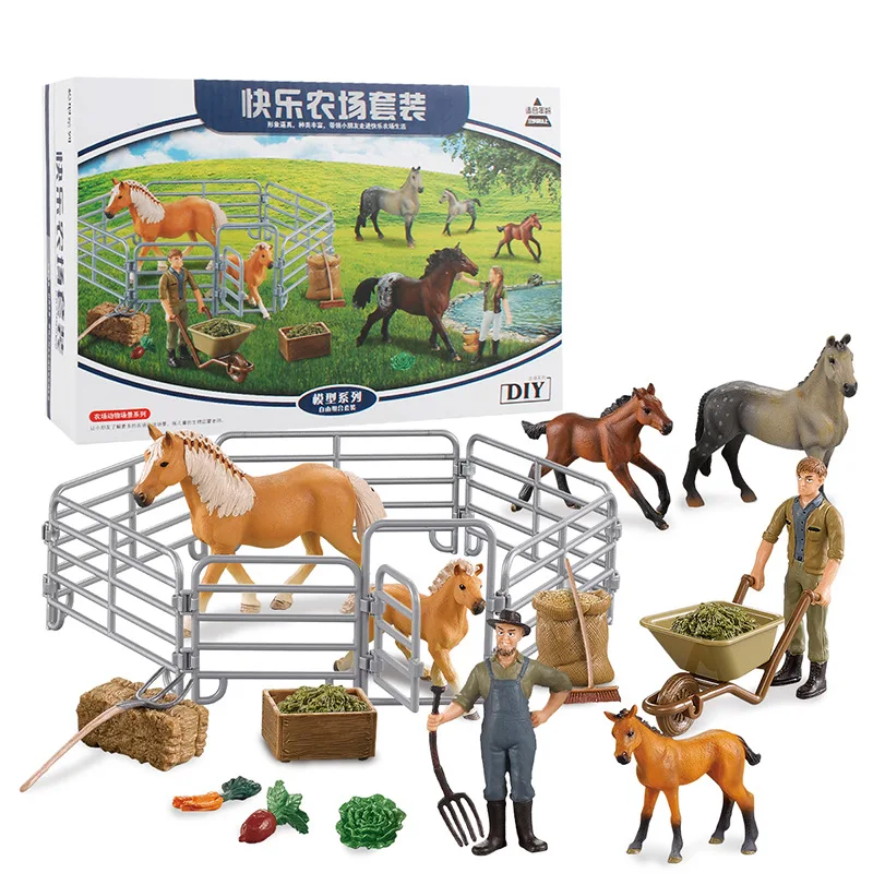 HY New Family Happy Horse Farm Set Simulation Animal Model Breeding Fence Stable Human Craft Decoration