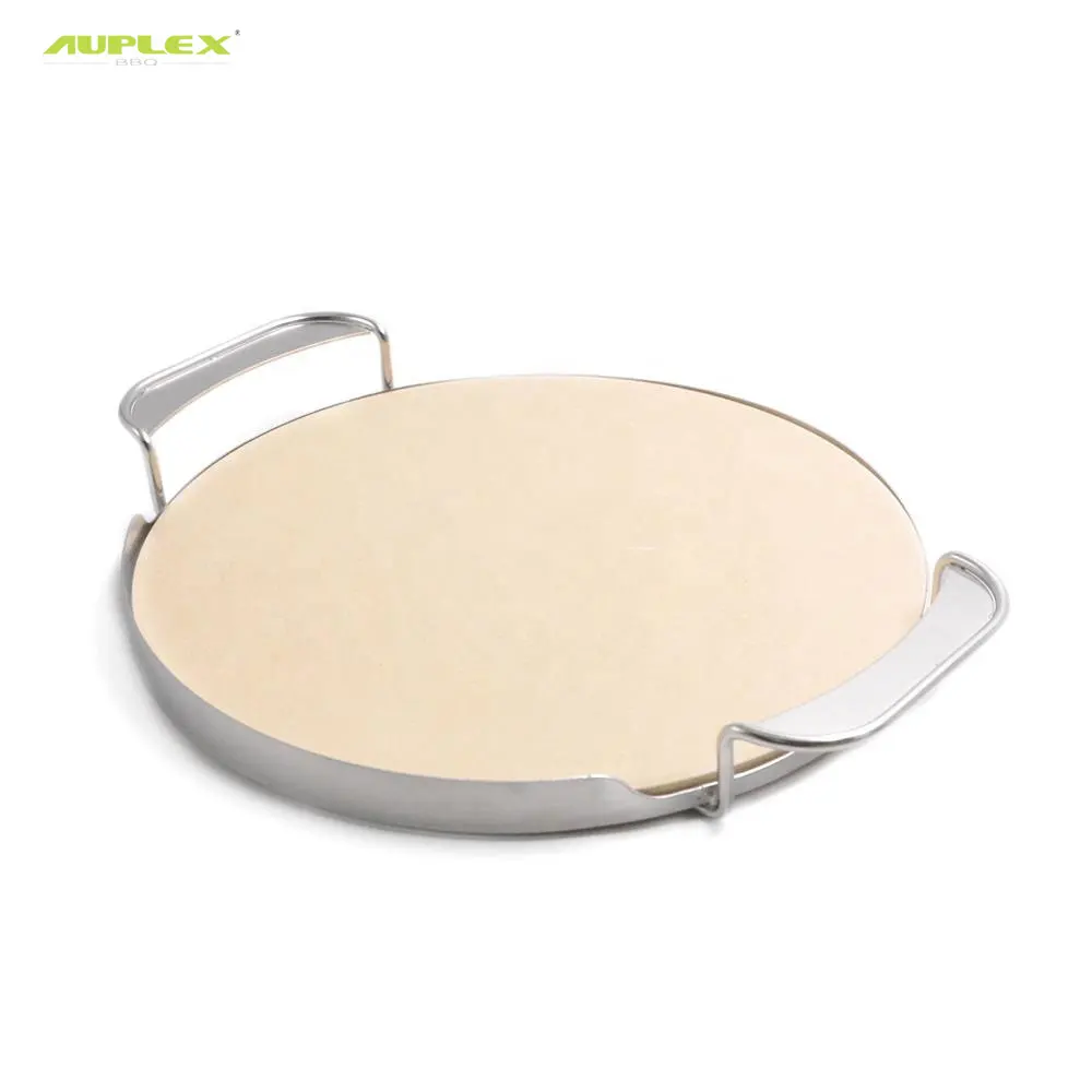 Round Pizza Stone With Stainless Steel Handle Apply For Kamado Ceramic Grill BBQ Accessory OEM Supported