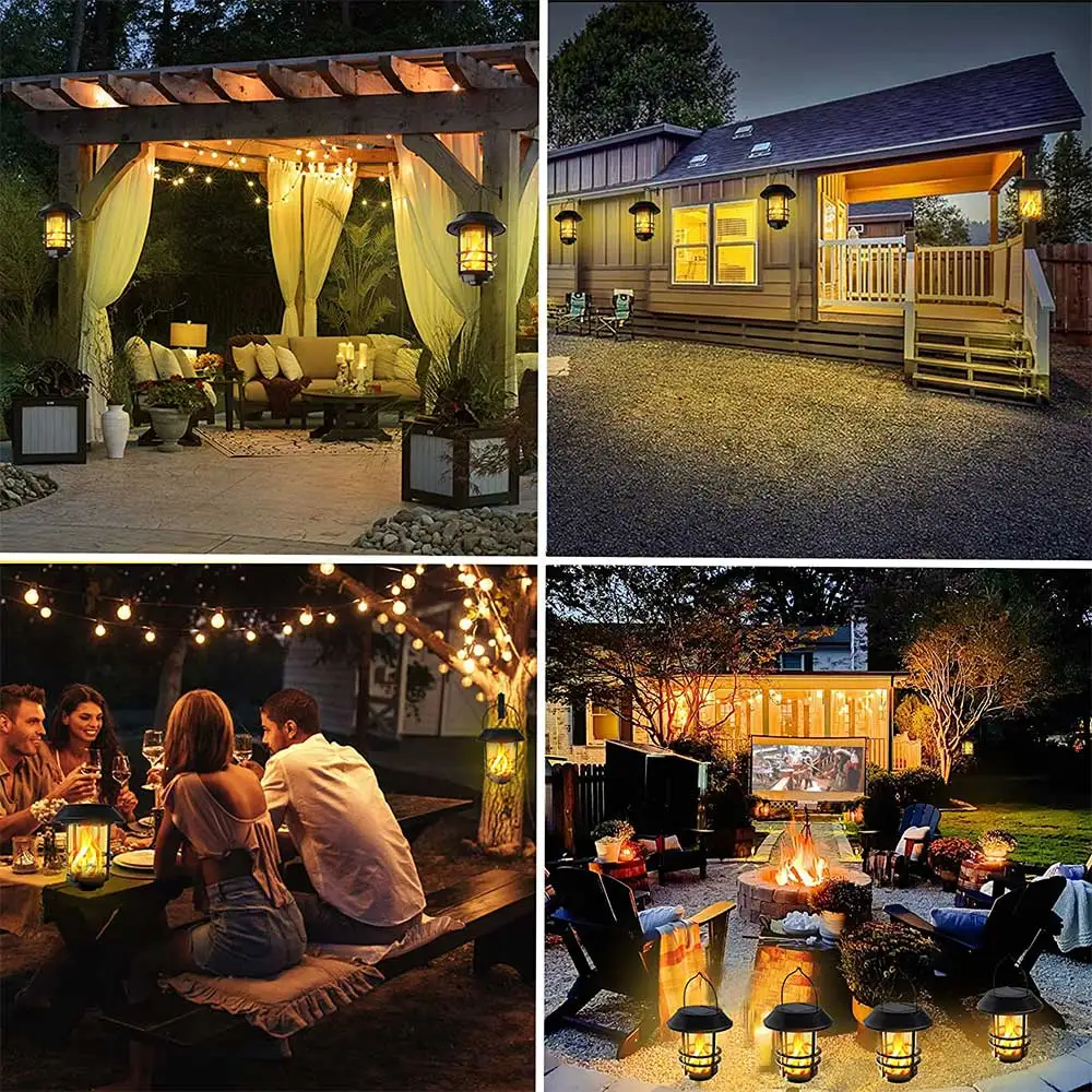 Outdoor Waterproof Solar Wall Mounted Lamp 2 Pack Glass Solar Hanging Lantern Light Flame Lamp