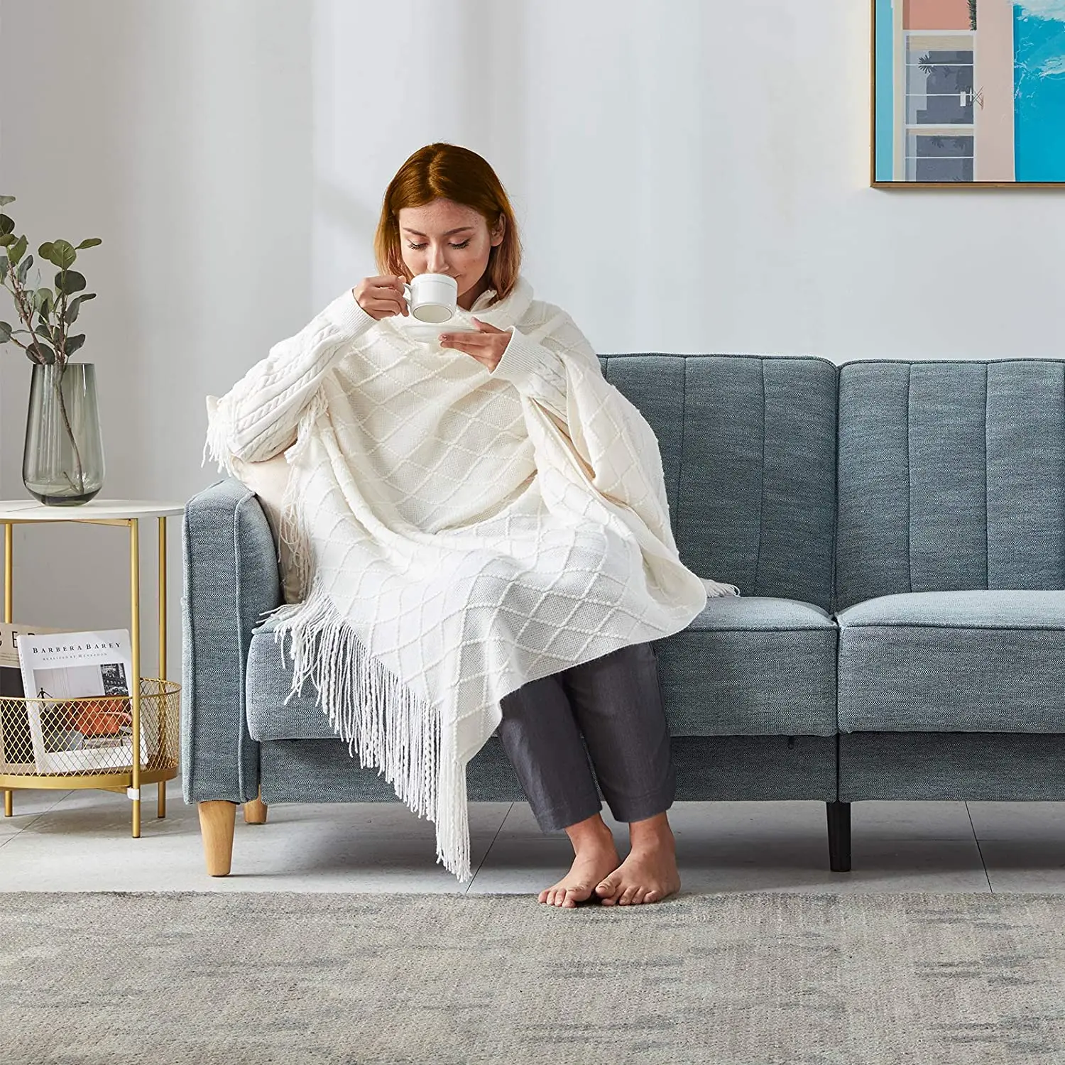 Modern customize 50 x 60 inches luxurious waffle cozy white woven knitted tufted throw blanket with tassels