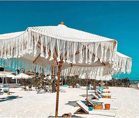 Cotton Tassels 2.5M Patio Umbrellas  Luxury wooden Pole Cotton Ropes Woven Outdoor Garden Beach Umbrella