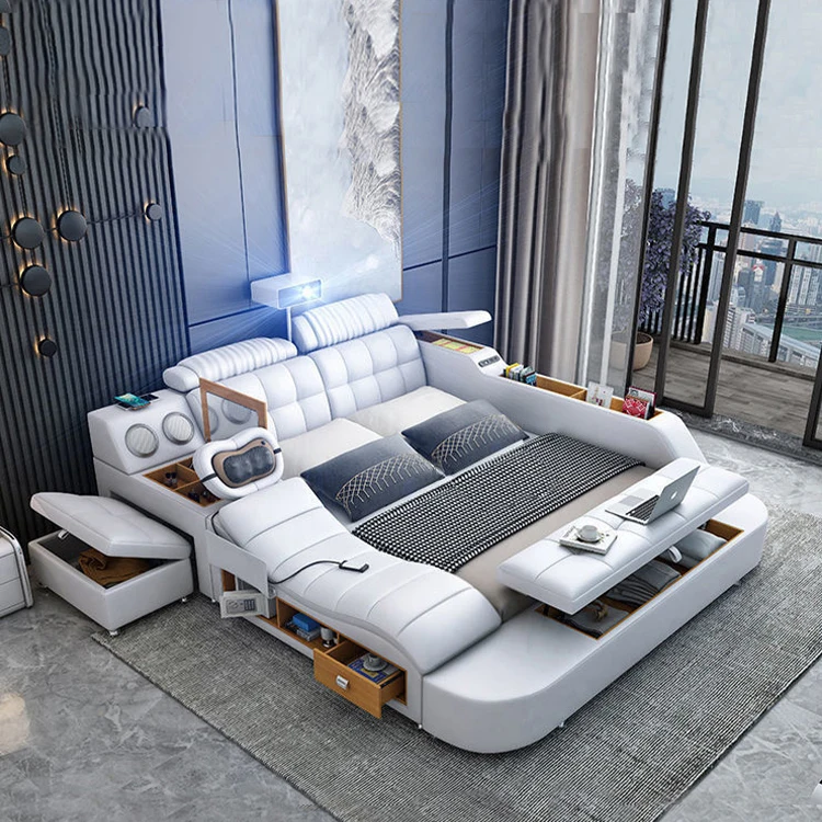 China modern top leather modern bed with computer soft table and projector