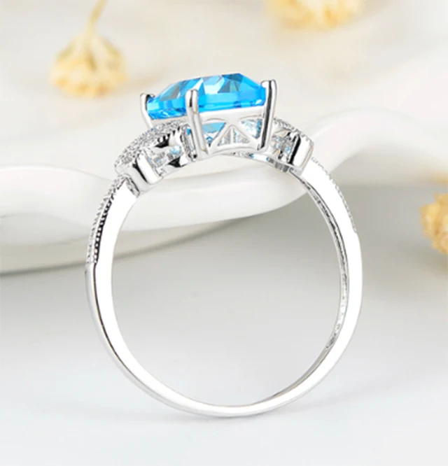 Custom New  Cushion Cut Butterfly Pure White Gold Plated Blue Crystal Cubic Zircon Copper Ring For Wedding