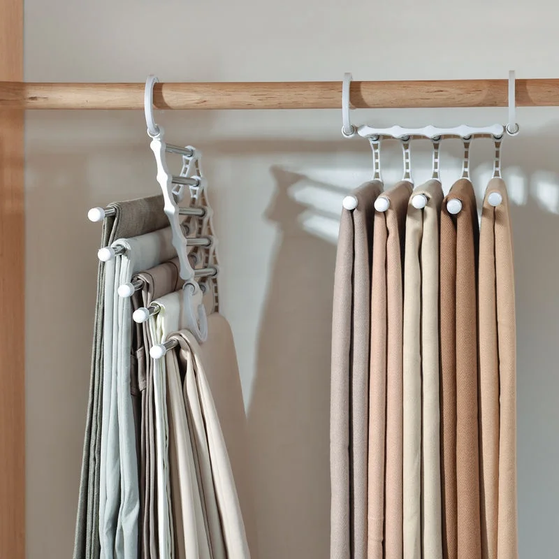 Newest hot sale wardrobe multi-functional 5 in 1 pant rack shelves plastic metal stainless steel magic hangers