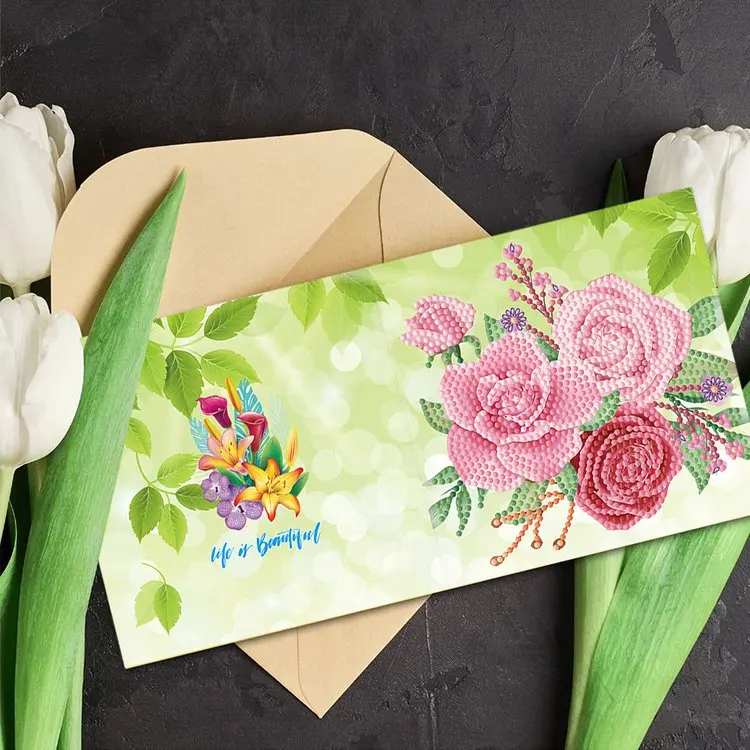 5D DIY Festival Folding Greeting flower Cards Gift Partial Drill Mosaic Thank you  Birthday Postcards