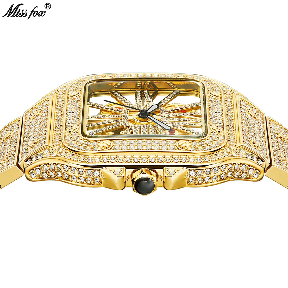 New trendy design double-sided transparent hollow out diamond hip-hop Japanese quartz movement missfox watches for men party