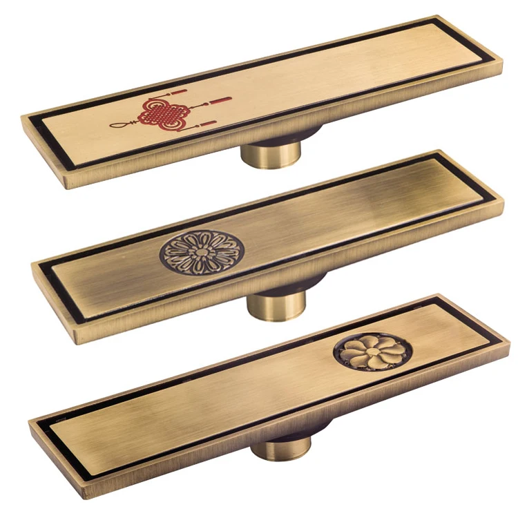 Chinese Style Bathroom Drain Square Antique Brass Floor Drain Long Shower Drain