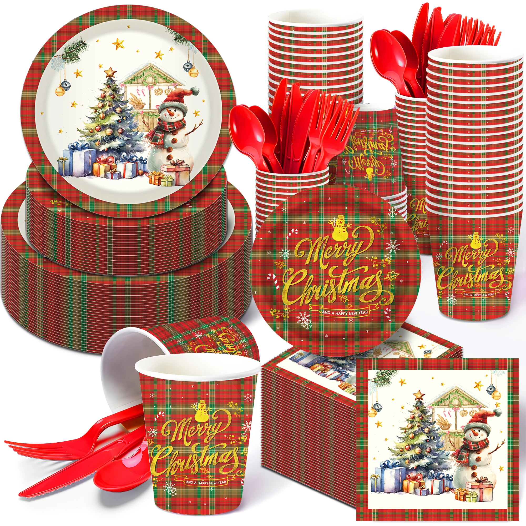 Huancai товары для рождественской вечеринки буйвола плед снеговик бумажные тарелки чашки салфетки набор одноразовой посуды