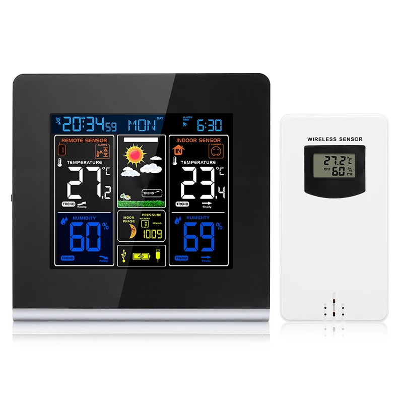 multi-color lcd backlight display wireless weather station with usb charging
