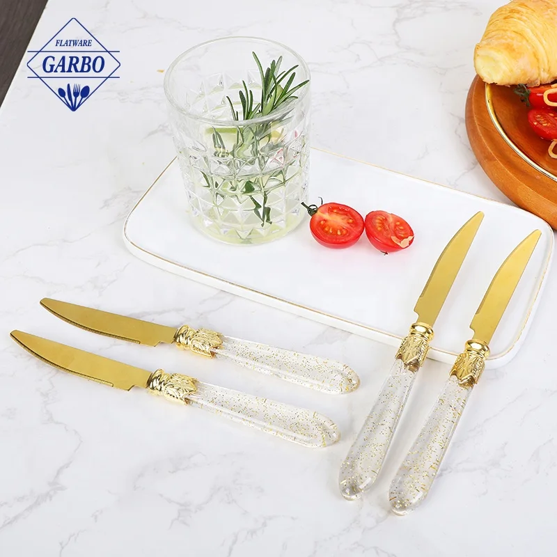 Factory supply 410 SS Steak Knife with PS Gold Handle Home Table Used Custom Flatware Dinner Knife Silverware Set