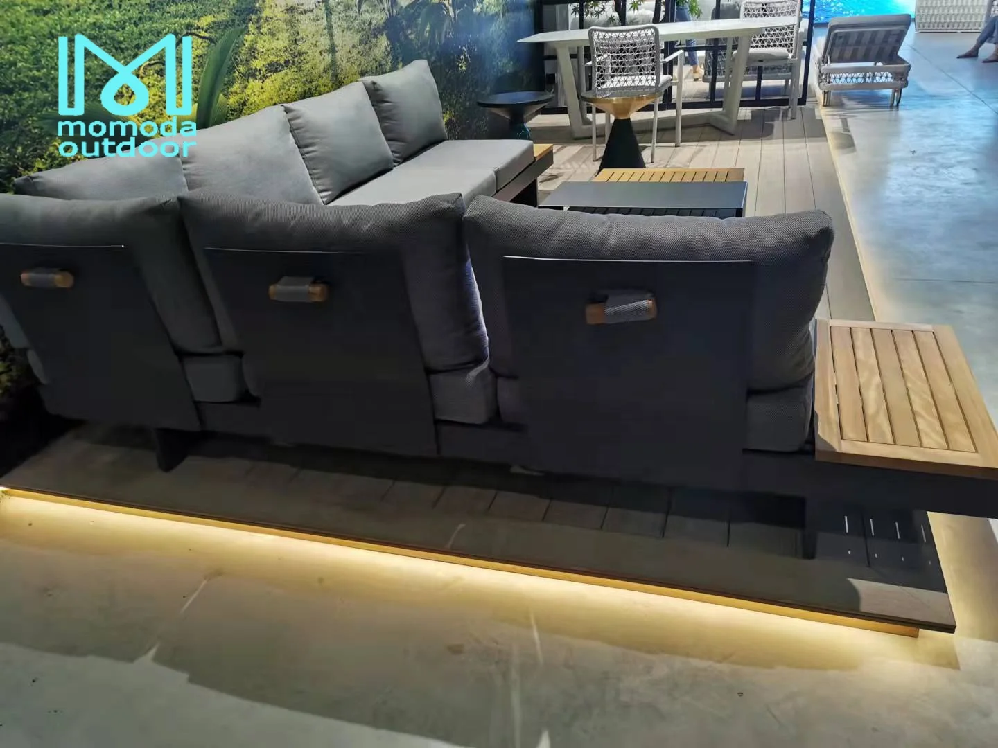 all weather European modern living room outdoor furniture grey fabric sectional corner modular garden patio sofas set