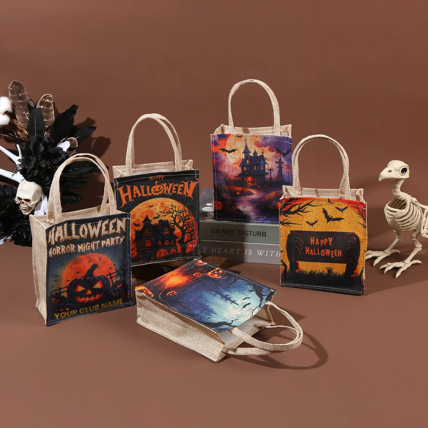 Eco friendly Laminated Hemp Bag Custom Printing Wholesale Natural Linen Tote Bags Jute Helloween Shopping Bag