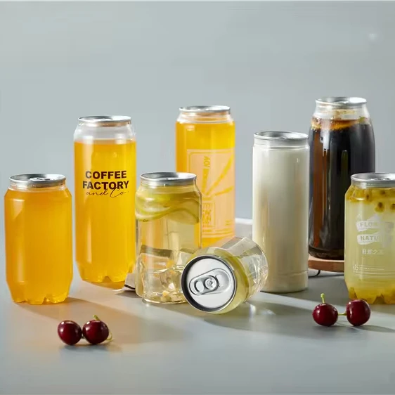 Eco-friendly 250ml 350ml 500ml clear cans plastic pet bottle  For drinking milk tea water or coffee