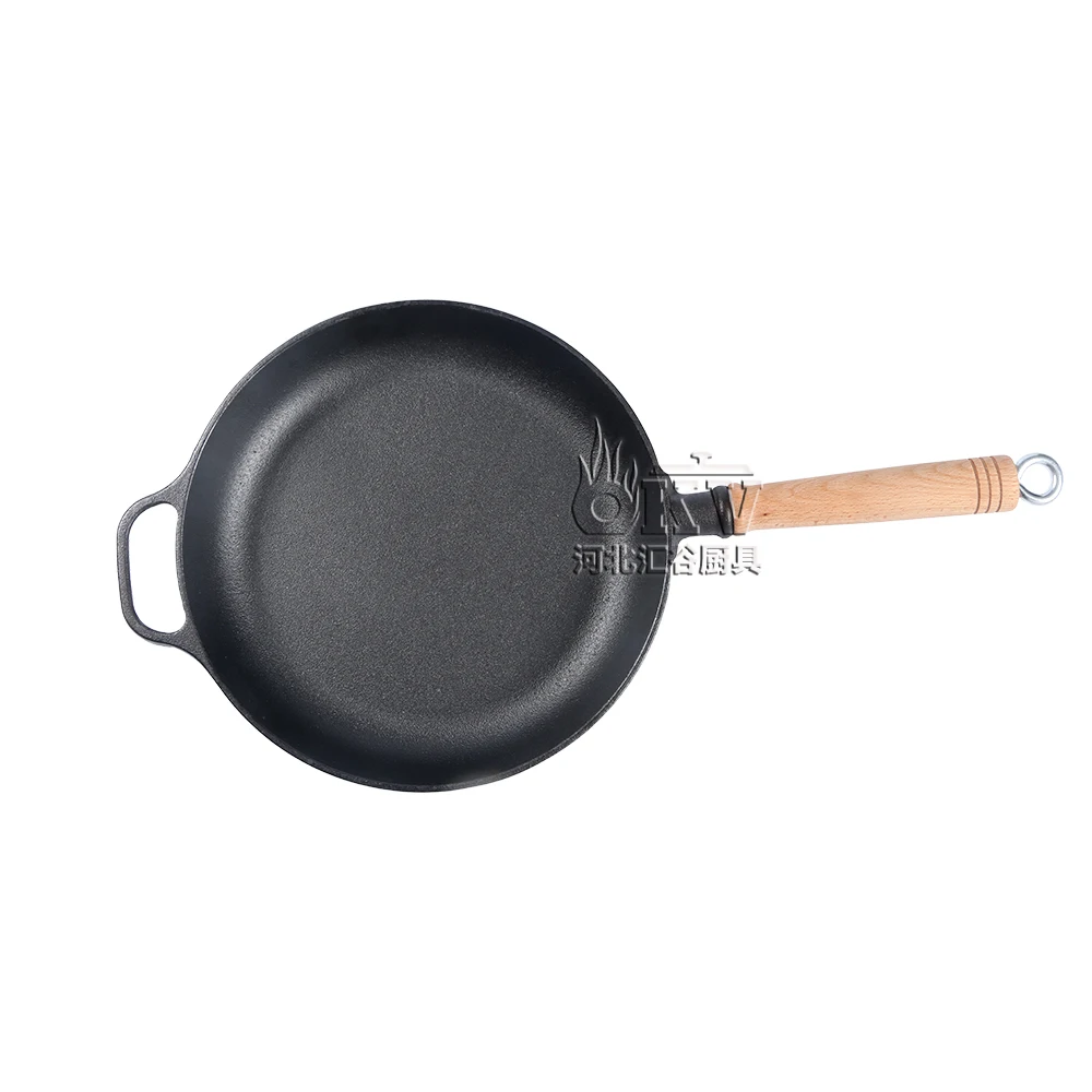 Removable Wooden Handle Skillet Cast Iron Frying Pan Pre Seasoned Round Nonstick Cooking Pot