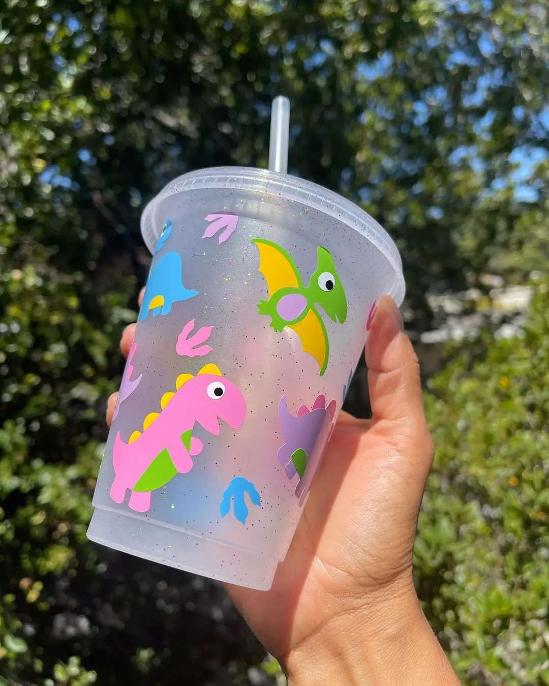 Bpa free reusable plastic temperature animal dino glitter kid color change Dinosaur cold cup