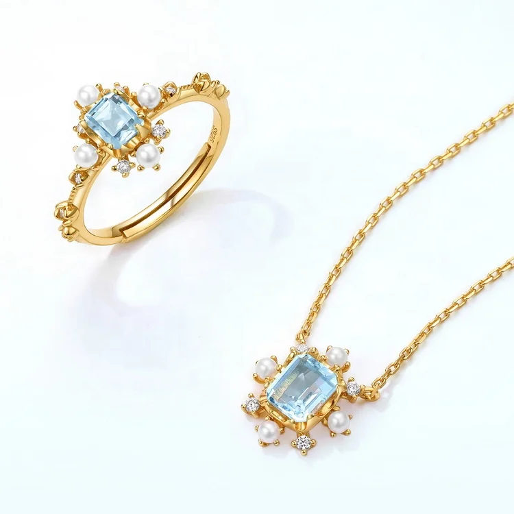 Vintage gemstone ladies rings S925 sterling silver sky blue topaz white shell cubic zirconia jewellery finger ring