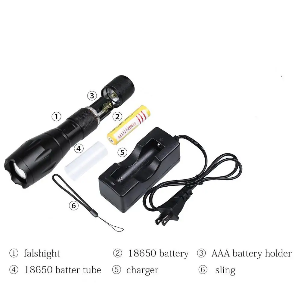 Hight Quality A100 XM-T6 High Lumens Waterproof Tactical Flashlight Zoomable LED Flashlight with Rechargeable Battery