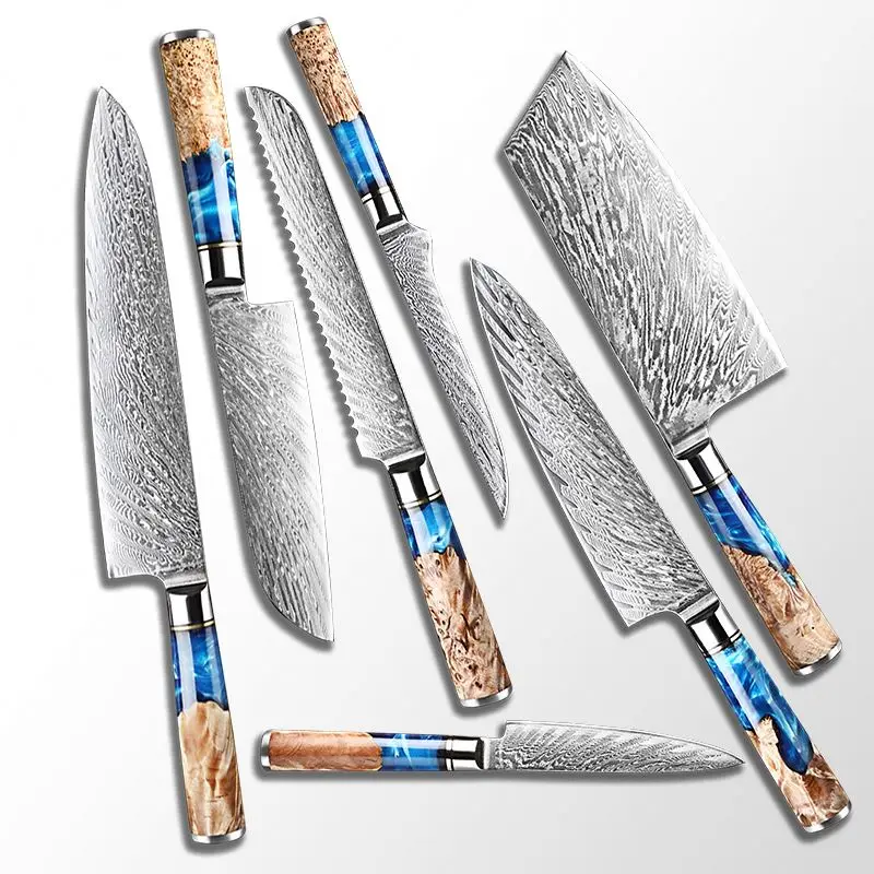 New Desgin Hot Sale Ergonomic Superb Sharp Edge Japanese Damascus Steel 7 Pieces Kitchen Knives Set