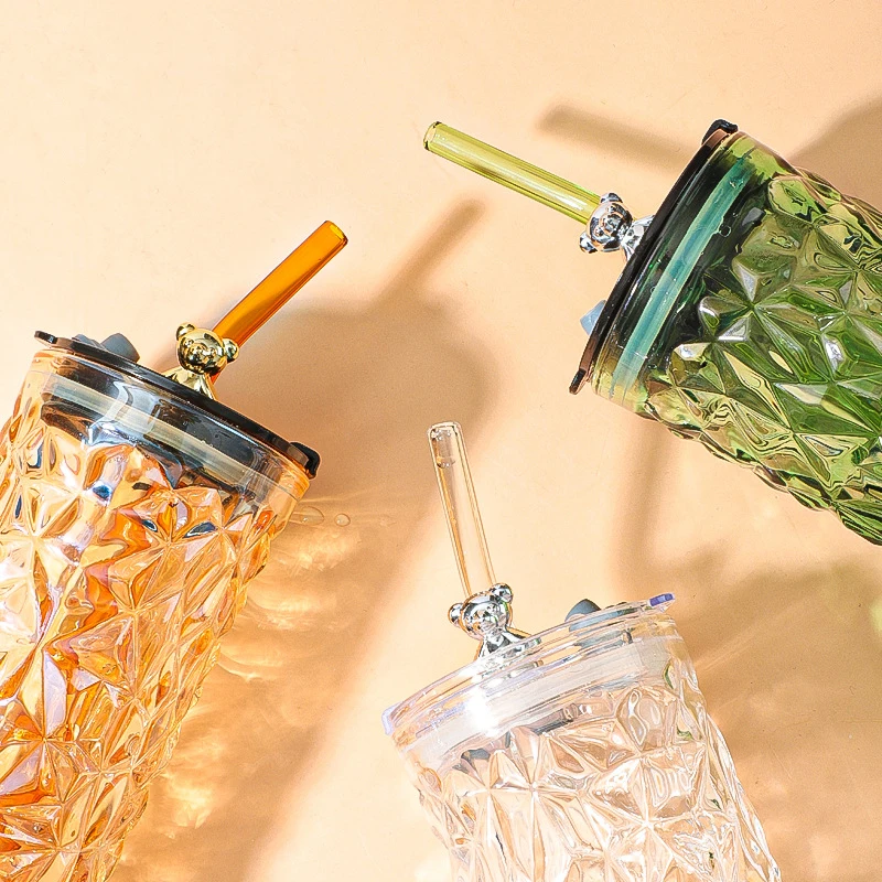 Hot selling creative cute office milk juice drinking water cup bear glass cups with straw
